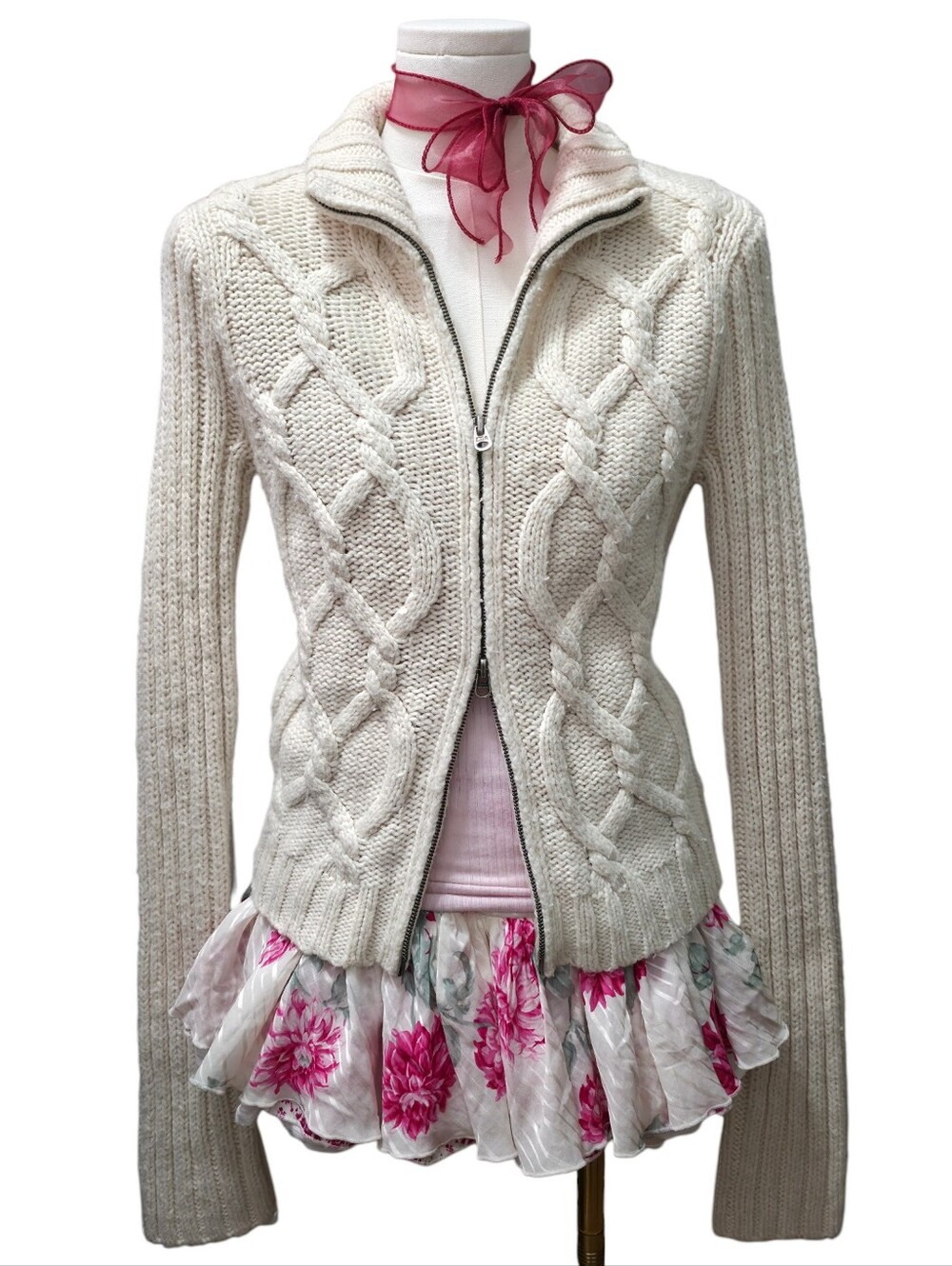 Abercrombie Vintage Cream Knit Long Sleeve Zip Up Sweater